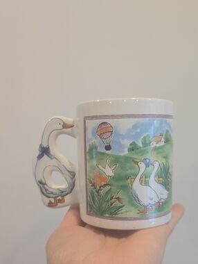 Vintage Ceramic Goose-Handle Mug with Pastel Countryside Illustration
